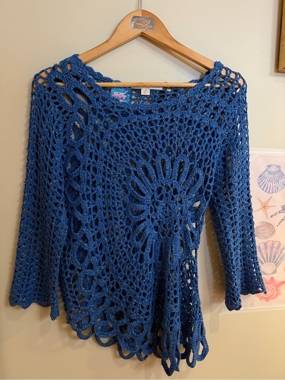 Hand-Crocheted Openwork Blue Women's Sweater